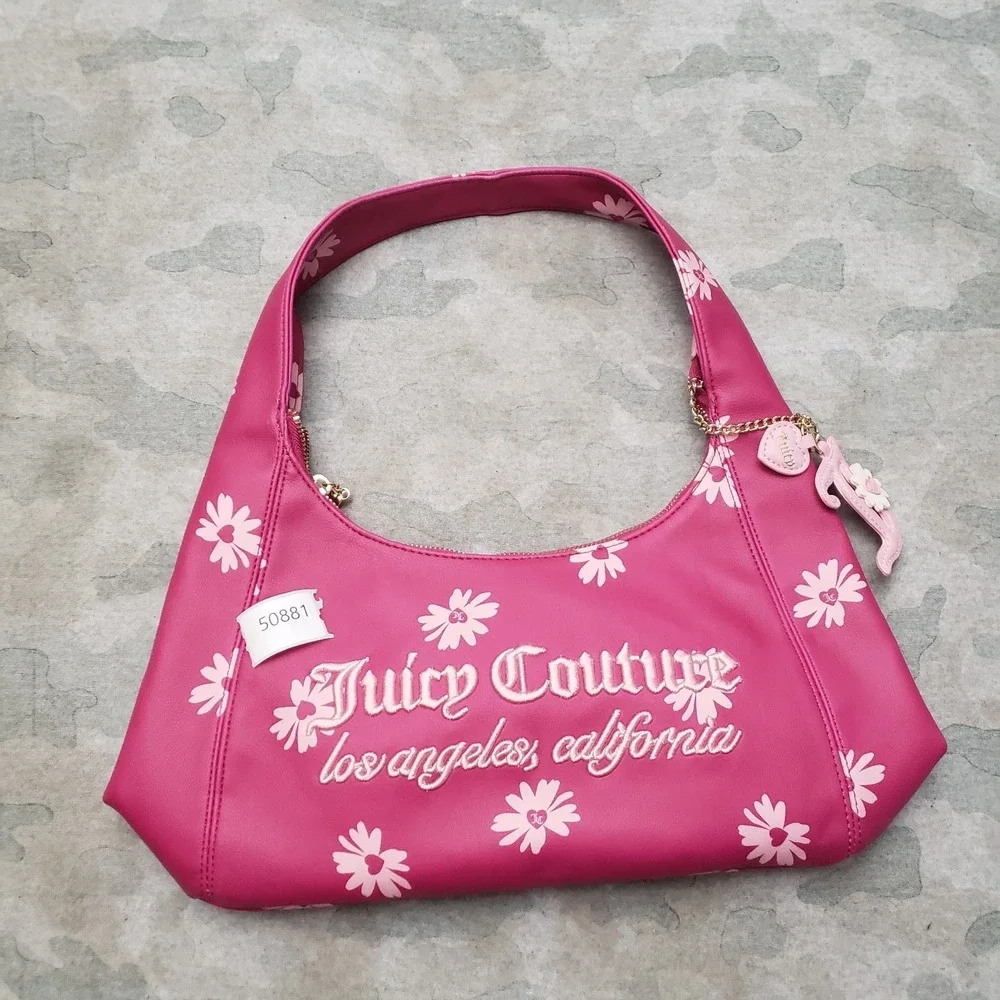 Juicy Couture Purse Womens Pink Leather Embroidered Daisy For Justice W/ Charm